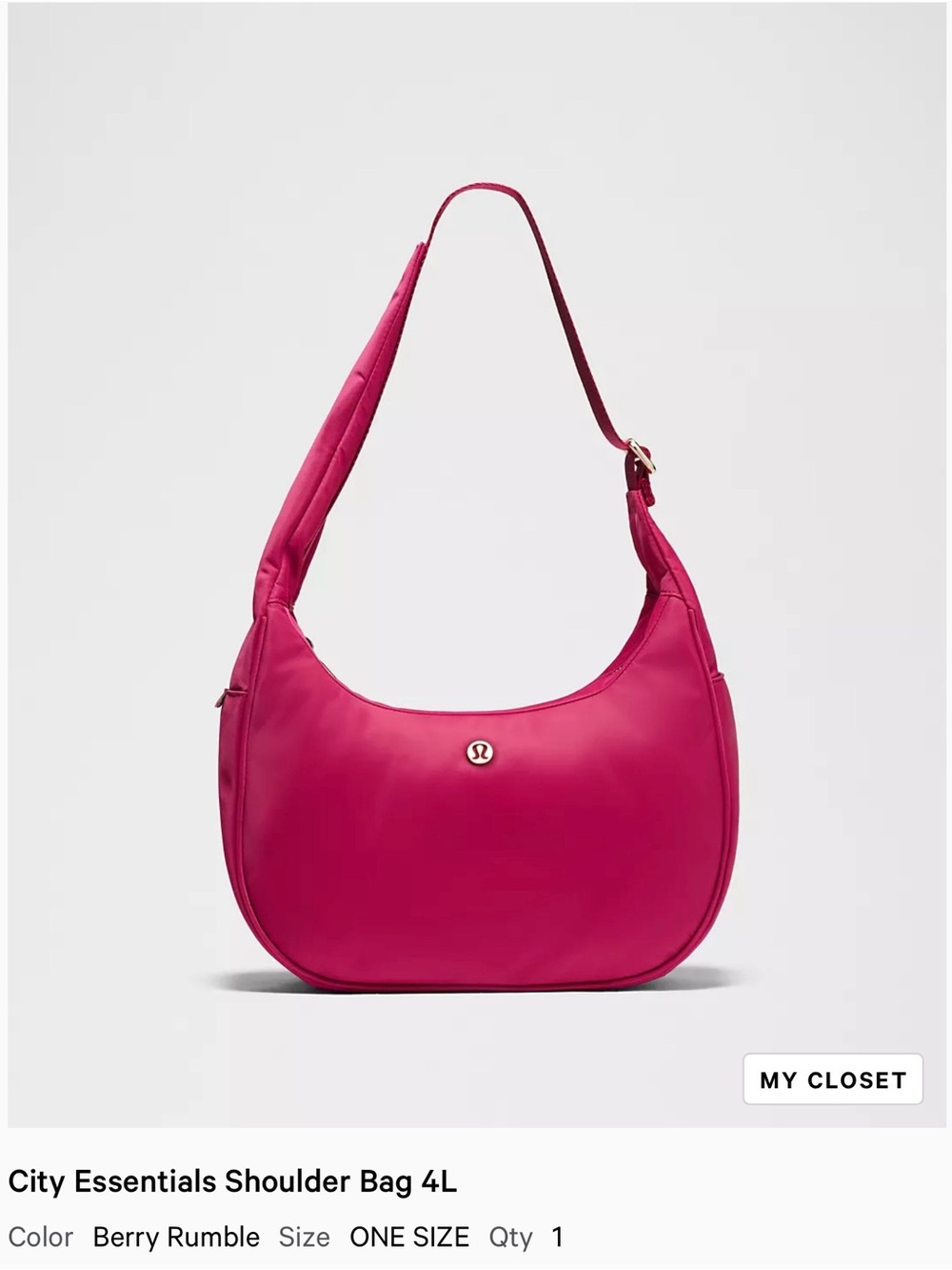 NWT lululemon City Essentials Shoulder Bag in Berry Rumble Pink 4L, moon shaped